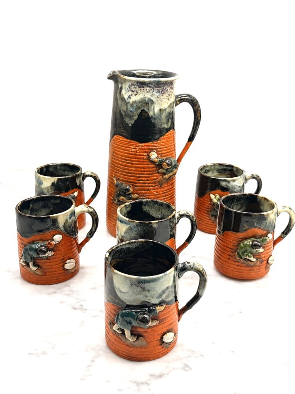 Vintage Japanese Sumida Gawa Style Figural Pottery Pitcher 6 Mugs 7pc Set